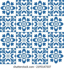 Retro motif of Azulejo ceramic tiles for decoration. Blue square geometric vector illustration