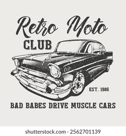 retro moto club. bad babes t shirt, car vector design template for t-shirt and poster. summer vibes hand draw, summer slogan with beach illustration, Hawaii, . Racing club vector t-shirt print design.