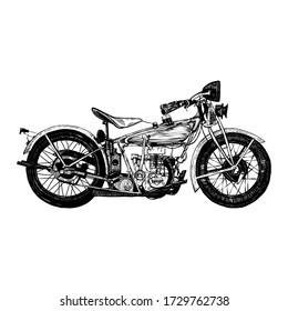 Retro motorcycle, black and white detailed vector illustration isolated without backdrop, flat style. Icon of a stylish vintage motorbike with details for decoration and design without a background