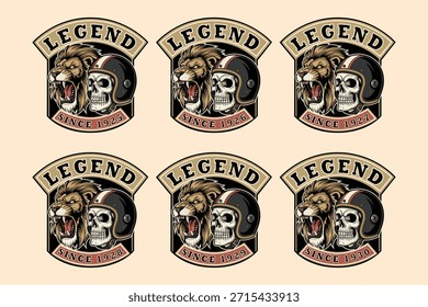 Emblemas de motos retro clube com leões rugidos e crânios em capacetes, projetos vintage perfeito para vestuário e projetos de marca, estilo clássico motociclista
