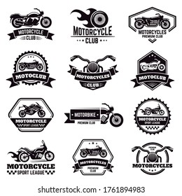Retro motorcycle emblems. Biker club motorcycle badges, bike stamp, motorbike wheel wings emblem, motorcycle labels vector illustration icons set. Motorcycle logo and emblem, badge motor shop
