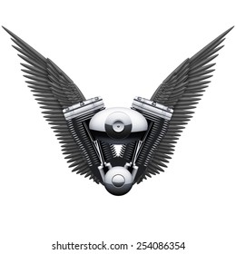 Retro motorcycle engine with Black open wings. Vector Illustration Isolated on white background.