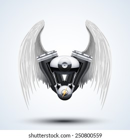 Retro motorcycle engine with White folded wings. Vector Illustration Isolated on white background.