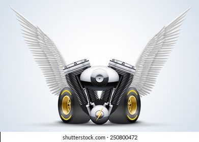 Retro motorcycle engine with White open wings. Vector Illustration Isolated on white background.