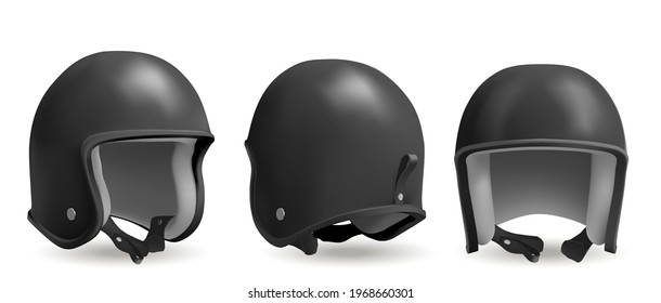 Retro motorcycle helmet in front, back and angle view. Head protection equipment for bike and motorbike race. Vector realistic 3d vintage black biker helmet isolated on white background