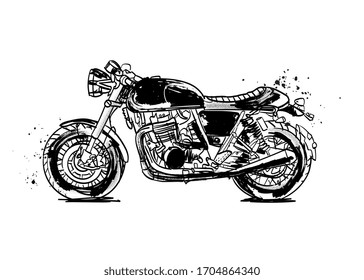 Retro motorcycle illustration in black and white pen and ink style