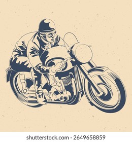 Retro motorcycle racer illustration in vintage outfit leaning forward on classic bike in racing position