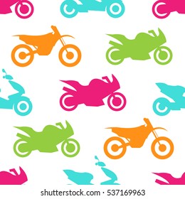 Retro motorcycle seamless pattern. Vector illustration for bike transport design. Bright vehicle, motorbike, scooter, chopper pattern. Bike wallpaper background. Cartoon silhouette shape.