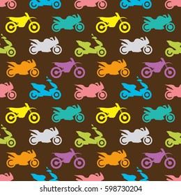 Retro motorcycle seamless pattern. Vector illustration for bike transport design. Bright vehicle, motorbike, scooter, chopper pattern. Bike wallpaper background. Cartoon silhouette shape.