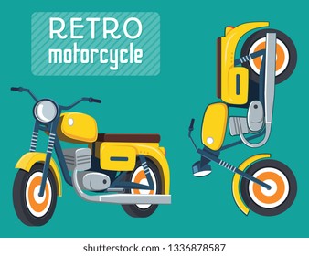 Retro motorcycle three quarters and side view isolated on blue background. Colorful vector vintage illustration with sample text
