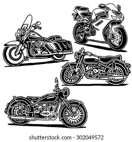 Retro motorcycles vector drawing set