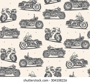 Retro motorcycles vector drawings seamless pattern 