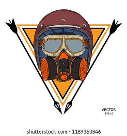 Retro motorcyclist helmet in the background of a triangles. Vector illustration