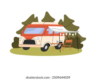 Retro motorhome stands on camping. Camper for family travel at nature. Caravan, car is on campsite. Auto home, vintage automobile for tourism. Flat isolated vector illustration on white background