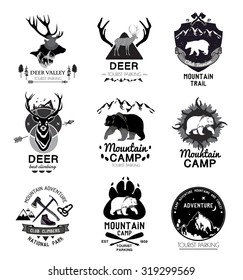 Retro Mountain Design Elements. Vintage Retro Style. Abstract Badges. Outdoor Symbol. Mountain Logotypes. Badges, Frame, Vintage, Grunge, Retro. Wild Animals Logo. Tourist Symbols