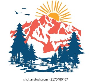 Retro mountain digital illustration design for t-shirt and others. Mountain drawing graphic artwork for sticker, poster, background.