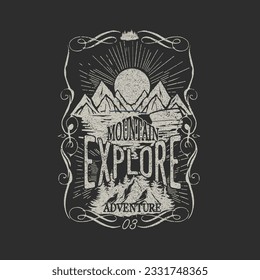 Retro Mountain Explore Typography vintage sunset hills vector illustration t shirt design