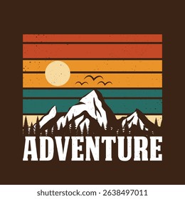 Retro Mountain Landscape Graphic with Adventure Text. This vibrant graphic design features a retro-style mountain landscape with a sunset sunrise effect perfect for apparel or merchandise.