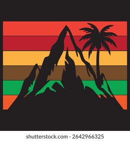 Retro Mountain and Palm Tree Silhouette with Colorful Striped Background Design