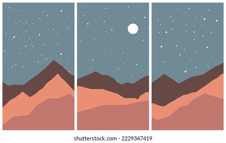 Retro mountain view with stars and moon in the sky.