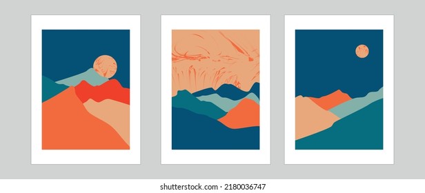 Montañas retro. Fondo vectorial. Arte paisajístico de mediados de siglo con sol y luna, mar y océano. Diseño de arte moderno para lienzos acrílicos, papel pintado, carteles y para impresión de afiches metálicos.