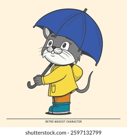 Retro Mouse Mascot with Umbrella in the Rain