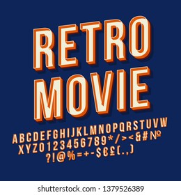 Retro Movie 3d Vector Lettering. Vintage  Bold Font. Pop Art Stylized Text. Old School Style Letters, Numbers, Symbols Pack. 90s, 80s Poster, Banner, T Shirt Typography Design. Navy Color Background