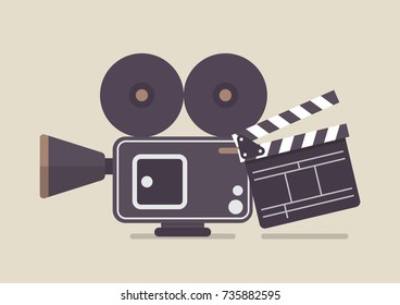 Retro movie camera and movie clapper. Vector illustration