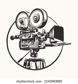 Retro movie camera icon on a tripod. Vector isolated illustration