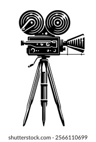 Retro movie camera on tripod. Cinema, shooting video concept. Black vector illustration on white background