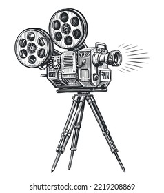 Retro movie camera sketch. Filming, film shooting concept. Film, tv equipment drawn in vintage engraving style