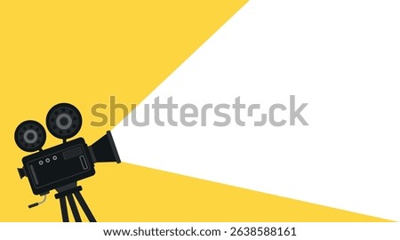 Retro movie camera with space for text. Film festival or movie time concept. Filmmaking equipment vector on yellow background. Ideal for cinema, film industry, and creative design banners.