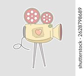 Retro Movie Camera Vector Illustration Sticker. Cute vintage film camera on tripod, hand-drawn in pastel cartoon style. Perfect for cinema, filmmaking, or retro-themed designs