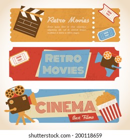 Retro movie cinema ticket banners with vintage camera popcorn vector illustration