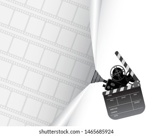 Retro movie clapboard and projector. Film festival poster. Clapper with film reels. Movie time and entertainment concept. Art  design element for brochure, leaflet, advertisement. Vintage retro style.