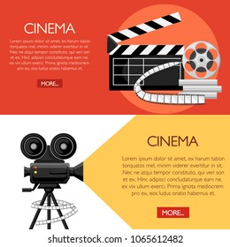 Retro movie clapboard and projector poster. Cartoon vector illustration. Cinema concept. Clapper with film reels. Vector illustration on red background. Web site page and mobile app design.