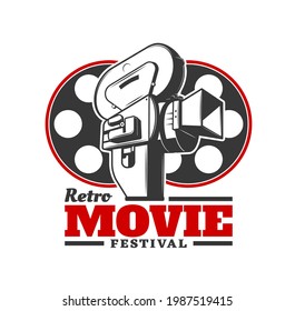 Retro movie festival icon. Vector old camera with cinema film reels. Cinematography industry event, film festival award ceremony and cinema author movie screenings icon or emblem