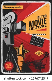 Retro Movie Festival Vector Poster With Vintage Video Camera, Film Reel, Award Star And Clapper. Film Studio, Cinema Party Or Cinematography Entertainment Industry Grunge Card With Old Camcorder