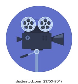 Retro movie projector. Analog device, cinema motion picture film projector with different film reels. Retro film camera. Vector illustration