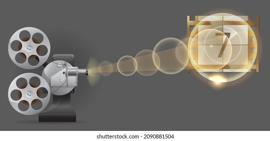 Retro movie projector with film reel and ticket. Analog device cinema motion picture film projector poster with film strip. Optical device for viewing still images filmstrips slides operator equipment
