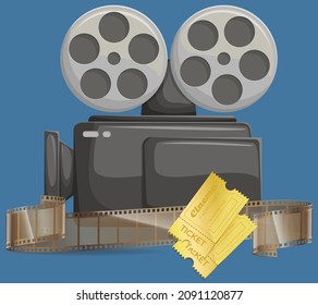 Retro movie projector with film reel and ticket. Analog device cinema motion picture film projector poster with film strip. Optical device for viewing still images filmstrips slides operator equipment