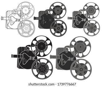 Retro movie projector icon set with film strip. Cinematic background. Old movie projector. Cinema time concept. Vector illustration.