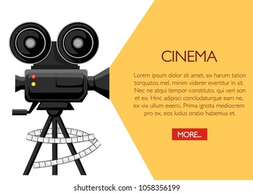 Retro movie projector poster. Cartoon vector illustration. Cinema concept. Film projector with film reels. Vector illustration on white background. Web site page and mobile app design.
