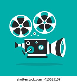 Retro movie projector poster. Cartoon vector illustration. Cinema motion picture