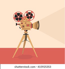 Retro movie projector poster. Cartoon vector illustration. Cinema motion picture