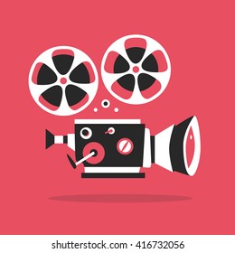 Retro movie projector poster. Cartoon vector illustration. Cinema motion picture
