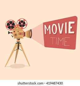 Retro movie projector poster. Cartoon vector illustration. Cinema motion picture. Film projector with film reels. Hand drawn lettering. Movie time poster.