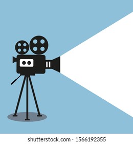 Retro movie projector poster. Video camera on a tripod on a gray background