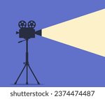 Retro movie projector with reels. Film camera tape with ray of light and place for text. Silhouette of vintage cinema projector or camcorder on tripod. Movie festival template. Vector illustration