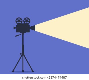 Retro movie projector with reels. Film camera tape with ray of light and place for text. Silhouette of vintage cinema projector or camcorder on tripod. Movie festival template. Vector illustration